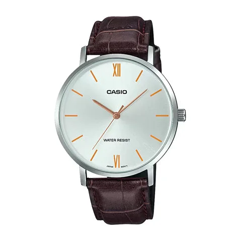 Casio MTP-VT01L-7B2 Men's Minimalistic Silver Dial Brown Leather Band Analog Watch A1618