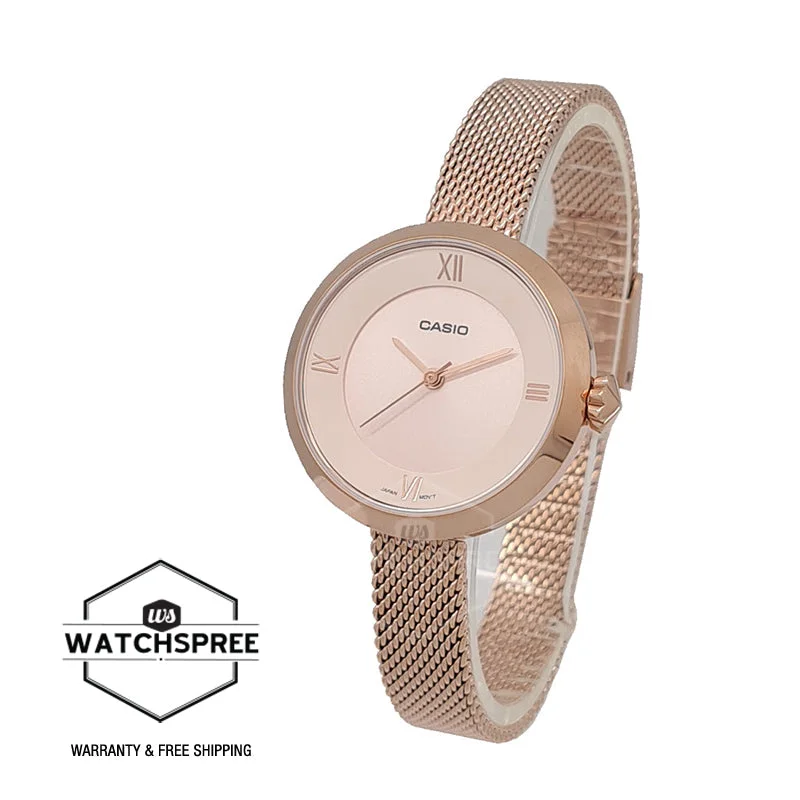 Casio Ladies' Analog Pink Gold Ion Plated Stainless Steel Mesh Band Watch LTPE154MPG-4A LTP-E154MPG-4A