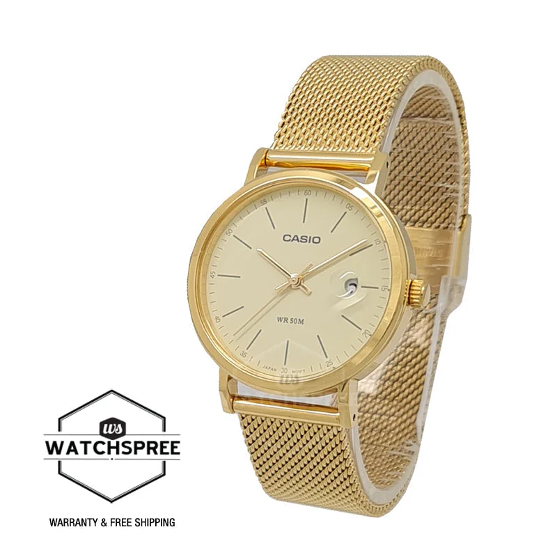 Casio Ladies' Analog Gold Ion Plated Stainless Steel Mesh Band Watch LTPE175MG-9E LTP-E175MG-9E