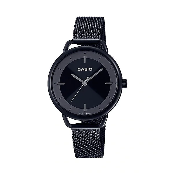 Casio Ladies' Analog Black Ion Plated Stainless Steel Mesh Band Watch LTPE413MB-1A LTP-E413MB-1A