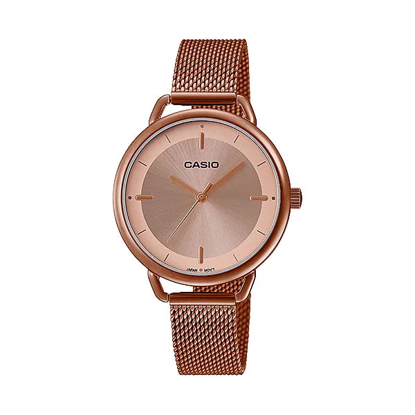 Casio Ladies' Analog Pink Gold Ion Plated Stainless Steel Mesh Band Watch LTPE413MR-9A LTP-E413MR-9A