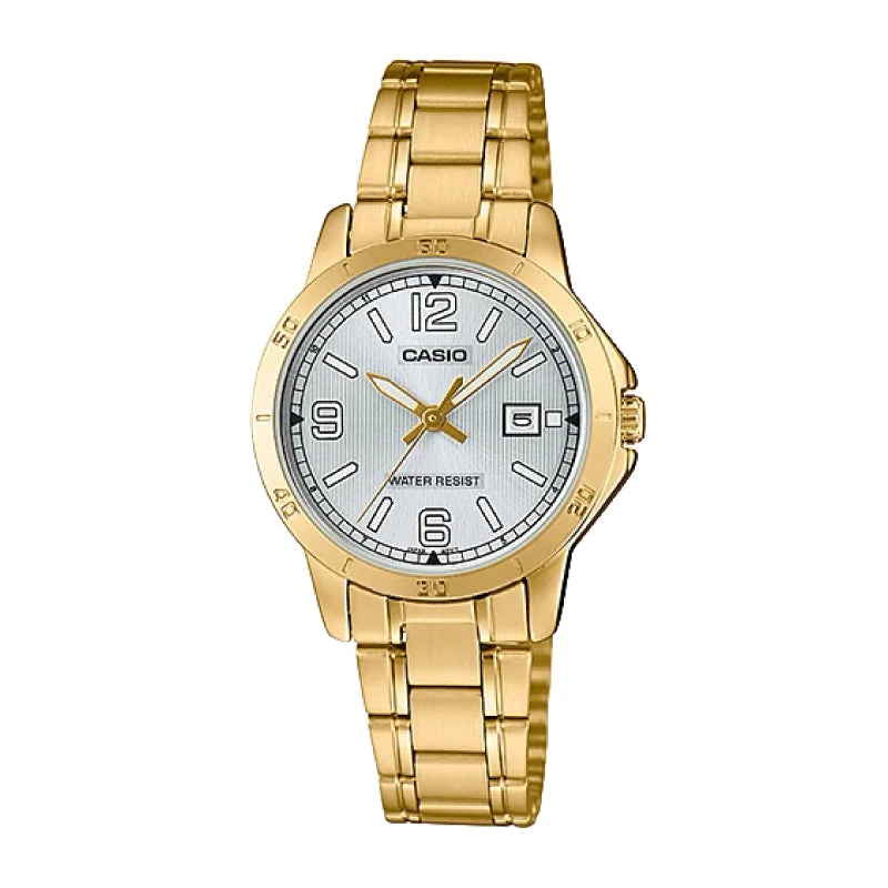 Casio Ladies' Standard Analog Gold Ion Plated Stainless Steel Band Watch LTPV004G-7B2 LTP-V004G-7B2