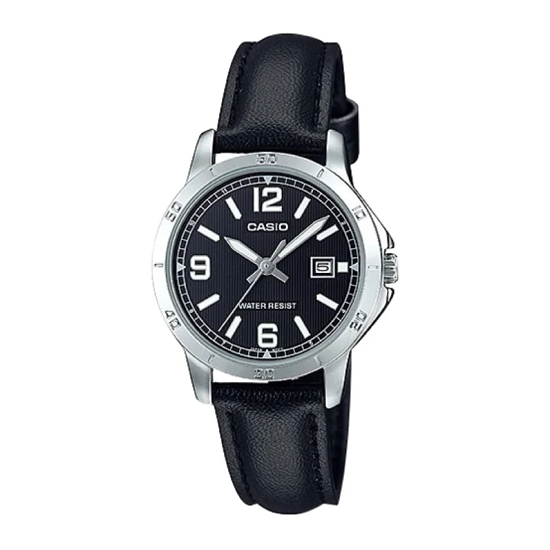 Casio Ladies' Standard Analog Black Leather Strap Watch LTPV004L-1B LTP-V004L-1B