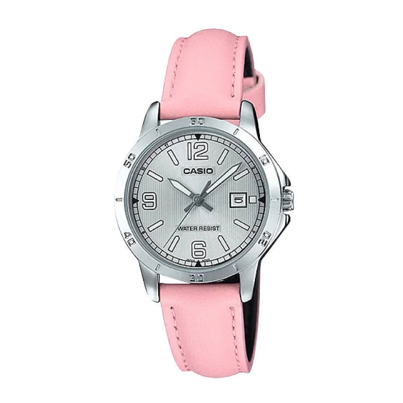 Casio Ladies' Standard Analog Pink Leather Strap Watch LTPV004L-4B LTP-V004L-4B