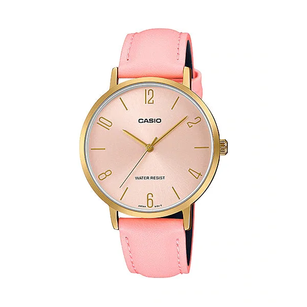 Casio Ladies' Analog Pink Leather Strap Watch LTPVT01GL-4B LTP-VT01GL-4B