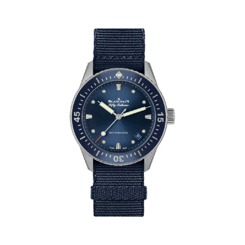 Fifty Fathoms Bathyscaphe SS 38mm - Blue Bezel w/ Blue Dial on One Piece Nylon Strap