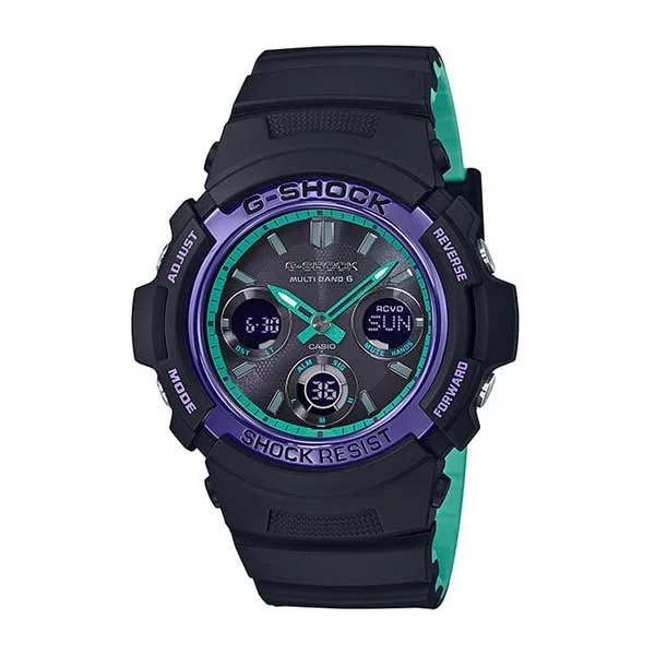 Casio G-Shock Analog-Digital Tough Solar MULTIBAND6 Black and Mint Resin Band Watch AWGM100SBL-1A AWG-M100SBL-1A