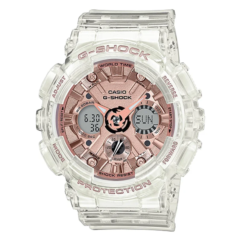 Casio G-Shock S Series GA-120 Lineup Transparent x Rose Gold Resin Band Watch GMAS120SR-7A GMA-S120SR-7A